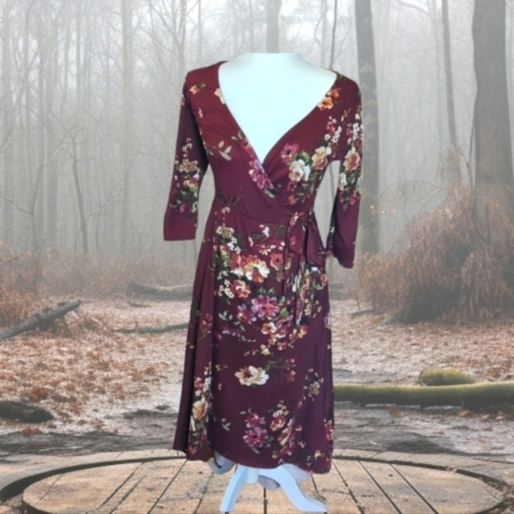 Burgundy Dress Hi low v neck knit wrap side tie Fairycore floral Feminine sz S - Picture 9 of 10
